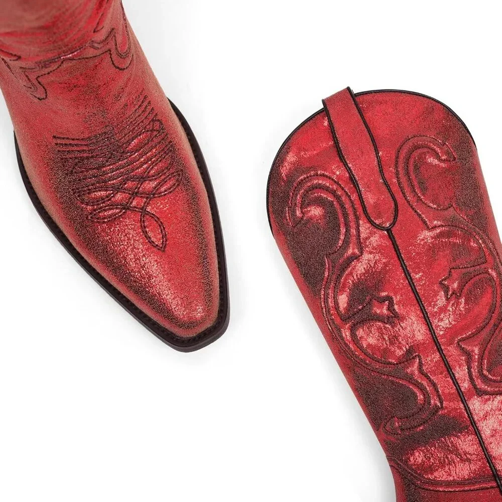 Women's Metallic Red Mid Calf Cowgirl Boots Pointed Toe Chunky Heel Embroidery - Picture 2 of 3